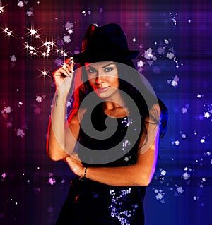 Stars, club and woman at disco party or luxury music concert event at night for social celebration, portrait. Lifestyle