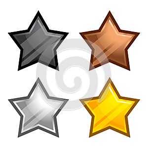 Stars collection realistic cute cartoon style vector illustration. Different color set collection. Black, bronze, silver, gold,