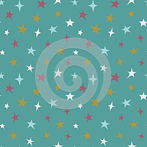 Stars colorful seamless pattern design. Red, golden blue stars on turquoise background print