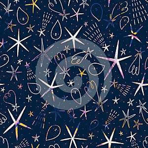 Stars and comets in the sky, colorful scribble seamless pattern