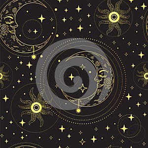 Stars and crescent moon seamless pattern vector