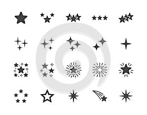 Stars flat glyph icons set. Starry night, falling star, firework, twinkle, glow, glitter burst vector illustrations