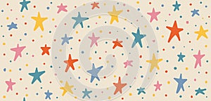 Stars hand drawn Y2K naive seamless pattern. Vector colorful doodle abstract background in 70s groovy style