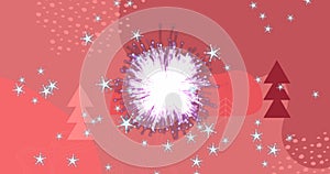 Stars icons and purple light trail exploding against christmas tree icons and abstract shapes