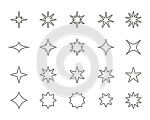 Stars line icons. Outline flying shining sparkles, different types of fantasy sky and galaxy asterism. Vector linear photo