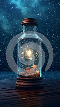 stars and Milky Way exists in a bottle that floats in the sea