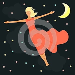 Stars, moon and girl in a dream. Good night card.