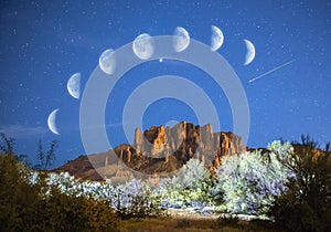 Stars & Moon Phases over Superstition Mountains in Arizona