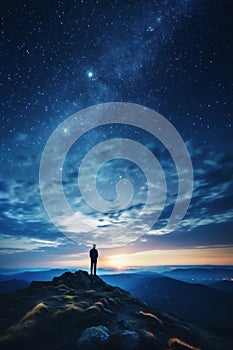 Stars in the night sky. Man standing on top of mountain cliff and admire night sky with plethora of stars