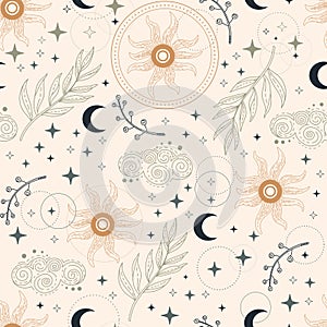 Stars, plants and sun seamless pattern vector