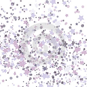 Stars purple glitter confetti isolated on blurred abstract white background. Festive holiday background. Celebration