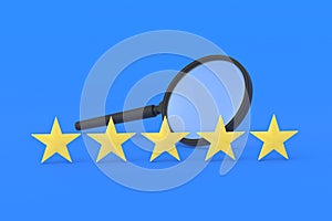 Stars of rating and magnifying glass. Search for a hotel, restaurant with a high rating