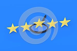 Stars of rating and magnifying glass. Search for a hotel, restaurant with a high rating