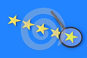 Stars of rating and magnifying glass. Search for a hotel, restaurant with a high rating
