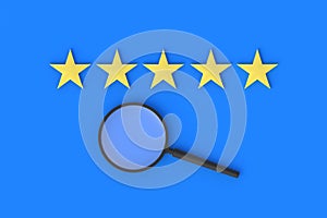 Stars of rating and magnifying glass. Search for a hotel, restaurant with a high rating