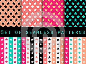 Stars. Set seamless patterns. Blue and pink color. The pattern for wallpaper, bed linen, tiles, fabrics, backgrounds. Vector