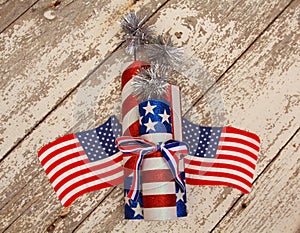 Stars and stripe flags and fire works s on a rustic white background