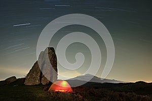 Stars Trails On Lighting Tent In Argimusco Highland, Sicily