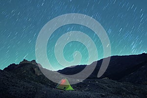 Stars Trails On Lighting Tent In Etna Park, Sicily