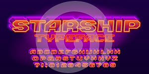 Starship alphabet font. 3D glowing letters and numbers.