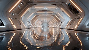 Starship launch bay tunnel with starlight reflections