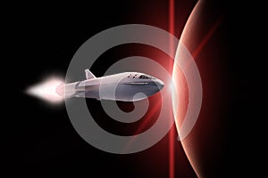 Starship taking off on a mission on background of Mars planet. Elements of this image furnished by NASA photo