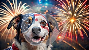 StarSpangled Celebration Adorable Dog FacePainted Patriotic Amidst a Spectacular Fireworks Show photo