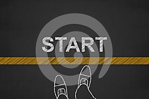 Start background, Top view of Businessman on Start line on a blackboard, Business Challenge or do something new