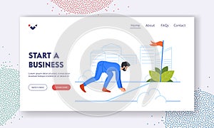 Start A Business Landing Page Template. Businessman Standing On Starting Line Ready To Race. Character In Competition