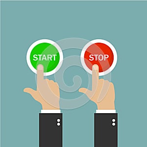 Start button and stop button. Push the buttons. Green and red buttons. Green background. Vector illustration