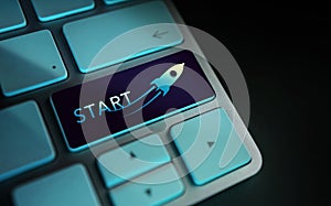 Start, Challenge, Start-Up and Motivation Concept. Close Up of Rocket and Startup Sign on Computer Keyboard