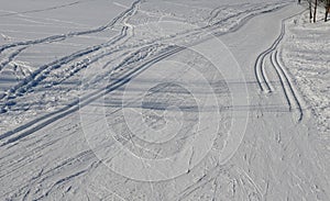 Start of the cross country skiing route. The tracks are prepared by a snowmobile with special attachments for pushing the track in