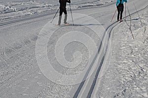 Start of the cross country skiing route. The tracks are prepared by a snowmobile with special attachments for pushing the track in