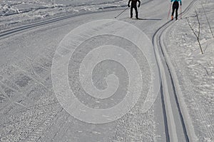 Start of the cross country skiing route. The tracks are prepared by a snowmobile with special attachments for pushing the track in