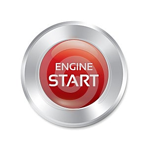 Start Engine button. Vector red round sticker.
