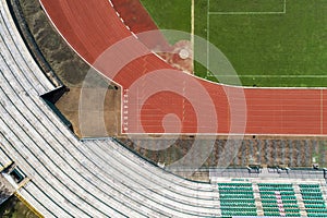 Start and Finish point of race track or athletics track start line with lane numbers in stadium Top view Drone shot high angle