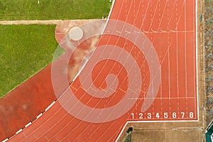 Start and Finish point of race track or athletics track start line with lane numbers Top view Drone shot high angle view