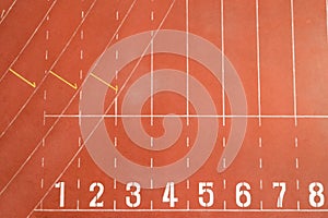 Start and Finish point of race track or athletics track start line with lane numbers Top view Drone shot high angle view