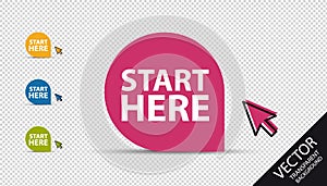 Start Here Button - Colorful Vector Illustration With Mouse Arrow - Isolated On Transparent Background