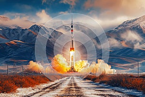 start launching rocket from spaceport in mountains into space in summer on background a sky