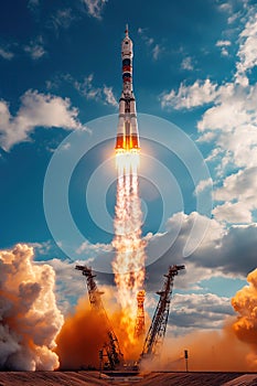 start launching rocket from a spaceport into space in summer on background blue sky