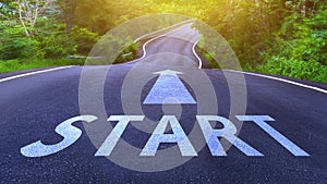 Start line on highway concept for business planning strategies and challenges or career path opportunities and change, road to