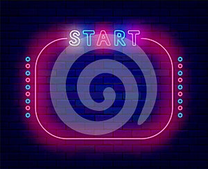 Start neon banner with space for text. Performance opening, Night show advertising. Game design. Vector illustration