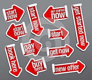 Start now, pay here, get started now, buy here, new offer, book here, get now - stickers set