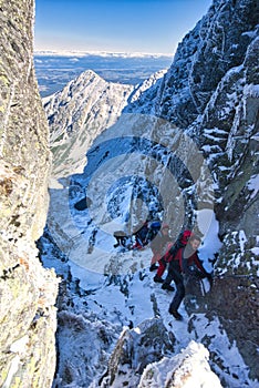 Start of Orla Perc  from Zawrat saddle in Polish High Tatras during winter