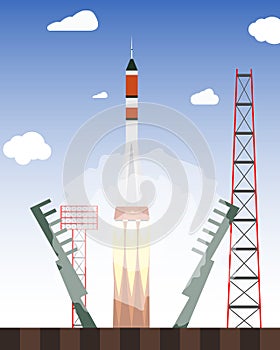 Start rocket from the spaceport. Launch raekty in space. Vector illustration