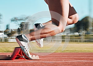 Start, running and speed with shoes of person on race track for fitness, sports and marathon training. Competition