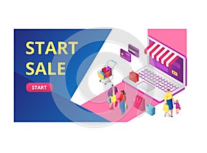 Start sale online shopping sell out, people standing gadget laptop package clothing 3d isometric vector illustration