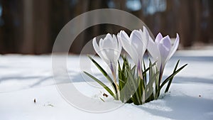 Start of spring symbolized by crocus flower emerging from snow