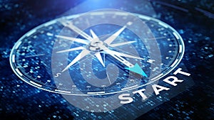 Start, startup tecnology concept - Compass needle pointing start word photo